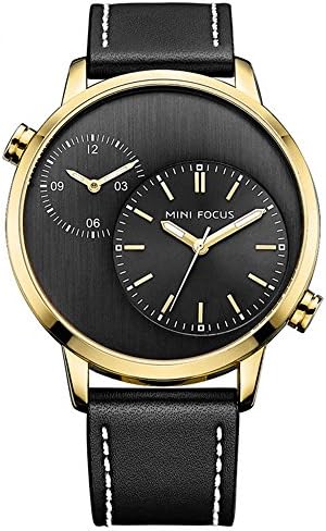 Men's Sports function Watch Dual time zone waterproof Japanese movement Stainless steel case Leather strap (black gold)