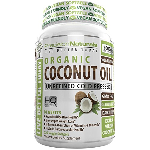 Vegetarian Softgels Organic Coconut Oil Capsules / Pills 2000mg/Serving Virgin Cold Pressed Non GMO for Weight Loss, Extra Hair Growth and Healthy Skin. Source Unrefined Pure Coconut Oil
