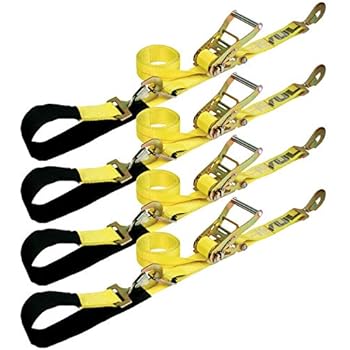 VULCAN 1-Ply Flexible Axle Tie Down Combo Strap with Snap Hook Ratchet - 2 Inch x 114 Inch, 4 Pack - Classic Yellow - 3,300 Pound Safe Working Load