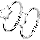 ALACLO 2Pcs Star Moon Nose Rings Hoop, 16g 18g 20g 316L Surgical Steel Cartilage Hoop Earrings for Women Men, Labret Lip Tragus Helix Daith Piercing Jewelry