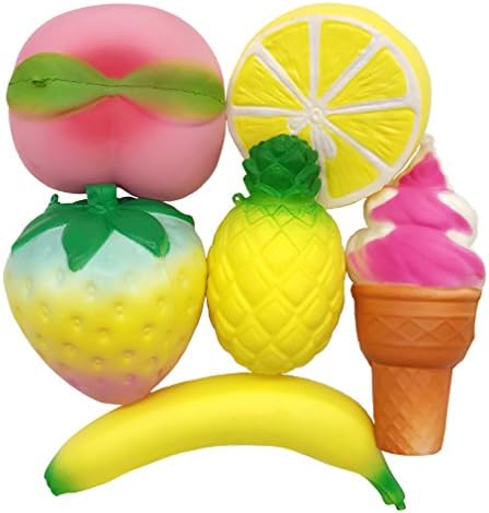 Huastyle Pack of 6 Kawaii Jumbo Slow Rising Fruits Set Rainbow Strawberry Peach Banana Lemon Pineapple and Ice Cream Squishies Cute Charms Stress Relief Toys Gifts