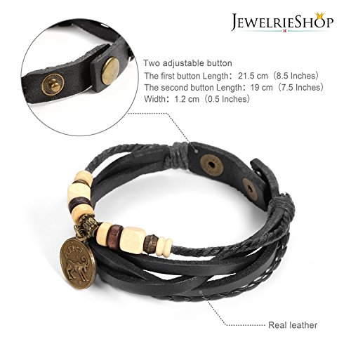 Lucky Handmade Natural Constellation Zodiac Sign Logo Genuine Real Leather Bracelet with Charms, Beads, Button, Adjustable Size, Gift for Him or for Her, Unisex (Aries - Black Leather)