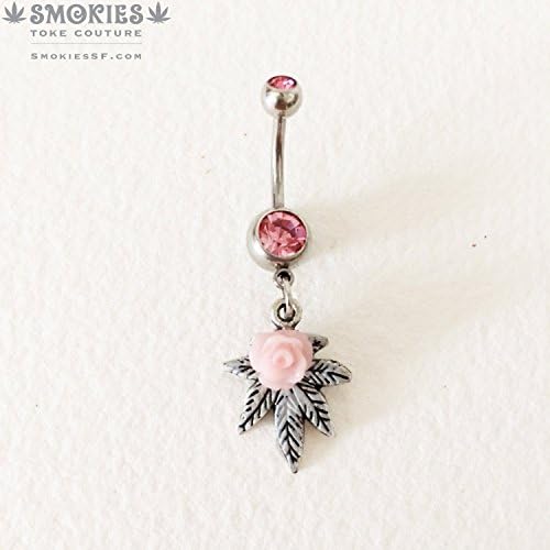 Marijuana Leaf Belly Ring, Pink Rose, Antique Silver, Belly Button Jewelry, Cannabis Piercing Navel Body Jewelry Bellybutton Ring