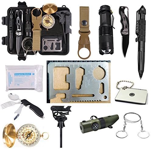 Denkonni Emergency Survival Kit 13 in 1 Outdoor Emergency SOS Survive Tool with Emergency Blanket Wire Saw for Hiking Camping Wilderness Adventures Disaster Preparedness（Battery no Included）