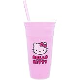 Silver Buffalo Sanrio Hello Kitty Pink Plastic Travel Tumbler With Lid and Straw | 32-Ounce Tall Carnival Cold Cup For Drinks, Beverages