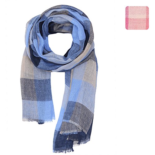 KASHFAB Kashmir Womens Mens Summer Fashion Checks Scarf, Tatran Linen Stole, Soft Long Plaids Shawl, Stylish Pashmina Blue