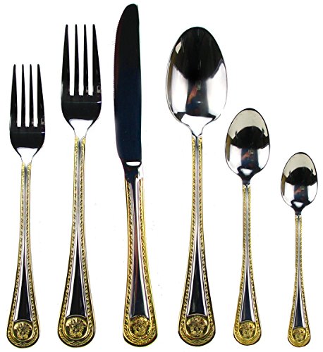Venezia Collection 'Greek' 85-pc Luxury Flatware Set, Dining Silverware Cutlery Service for 12, Premium 18/10 Surgical Stainless Steel, 24K Gold-Plated Hostess Serving Set, Wood Storage Chest