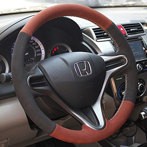 16sixteen Luxury Hand Sewing Anti-Slip Breathable Suede Leather Stitch On Car Steering Wheel Cover for 2008-2011 Honda Fit, Black & Red Cover, 9 Color Threads