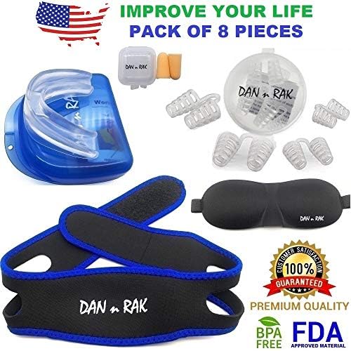 Complete Snoring Solution - 5 in 1 - Snore Mouthpiece, 4 Sets Nasal Dilators, Chin Strap, Sleeping Mask & Ear Plugs - Stop Snoring & Teeth Grinding with Anti Snoring Devices - Snore aid by DAN n RAK