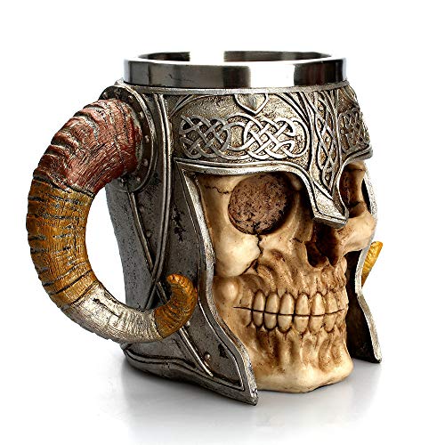 Resin Coffee Cup - Double Handle Horn Skull Beer Cup, Viking Warrior Skull Mug Tankard, Medieval Skull Drinkware Mug for Coffee/Beverage/Juice (Multicolor)