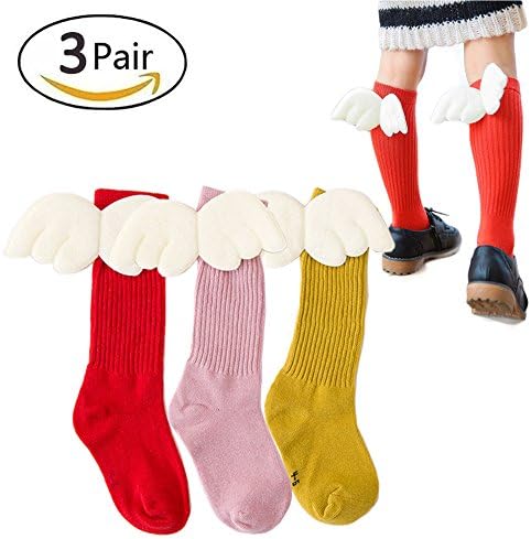 3 Pack Toddler kids Girls stockings Knee High Wings Novelty Cotton Tube Socks,Chiristmas Gift(M(4-6years), 1-Red-yellow-pink)