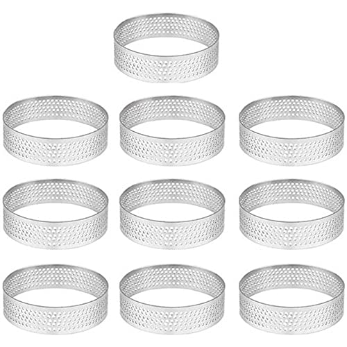 Tavrolet 10 Pack Stainless Steel Tart Ring, Heat-Resistant Perforated Cake Mousse Ring, Round Ring Baking, 8cm