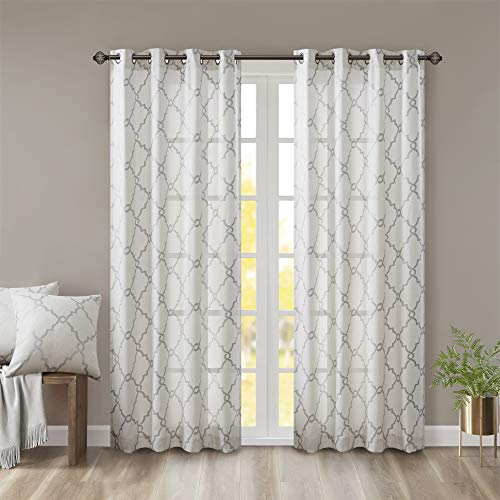 Madison Park Saratoga Window Curtain Light Filtering Fretwork Print 1 Panel Grommet Top Drapes/Valance for Living Room Bedroom and Dorm, 50x84, Ivory