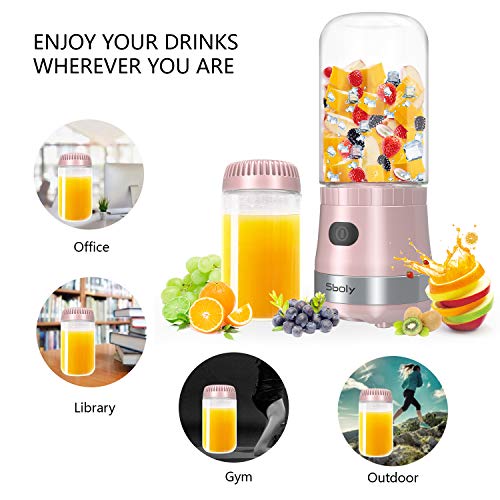 Mini Mélangeur Portable USB Rechargeable avec 2 Bouteilles Tritan Sans BPA, Mélangeur Personnel pour Smoothies et Milk Shakes, Petit Mélangeur de Jus pour le Bureau et les Voyages par Sboly (Rose)