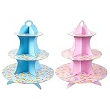 2-Pack Cardboard Cupcake Stand - 3-Tiered Dessert Stand Cupcake Tower - Cupcake Tree Display for Baby Showers, Weddings, Birthdays, Blue and Pink, 11.7 x 13.5 x 11.7 Inches