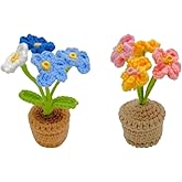 Quarter Rainbow Mini Potted Artificial Plants Crochet Handmade Kintting Flowers for Office Desk Decor and Shelf Decor- for Gift, Birthday, Ideas for Valentine's Day (Forget-Me-Not)