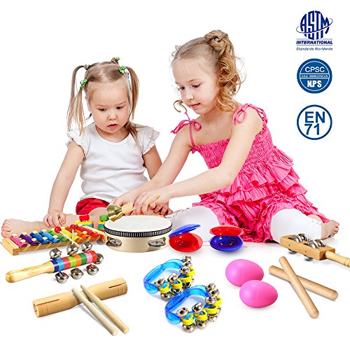 Geekper 18 PCS Kids Musical Instruments, Wooden Percussion Instruments Toy for Baby Kid Child Boys Girls, Tambourine Set Toddler Musical Toys Storage Backpack Included