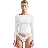 SUUKSESS Women Crew Neck Long Sleeve T Shirts Double Lined Tight Fitted Crop Top
