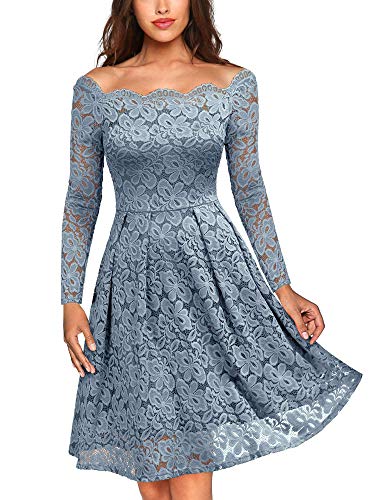 MISSMAY Women's Vintage Floral Lace Long Sleeve Boat Neck Cocktail Party Swing Dress, Small, Blue Grey