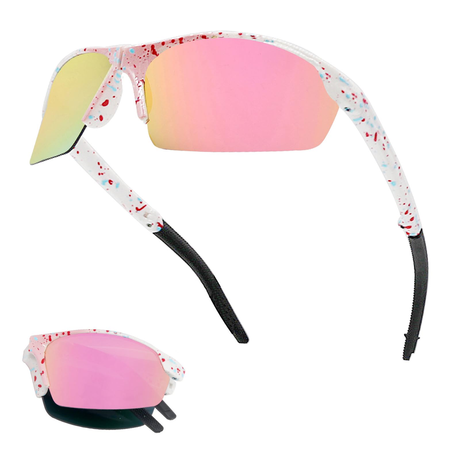 Long Keeper Foldable Sports Sunglasses for Men Women Youth Sports Running Glasses Windproof Cycling Goggles Softball Baseball Glasses UV Protection Shades (White Pink Frame Pink Mirrored Lens)
