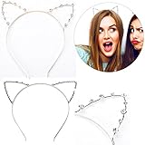 Buytra Women's Girls Pearl Rhinestone Crystal Cat Kitty Ears Headband for Party Masquerade Fancy Dress Costume, Gold, Silver, Pack of 2