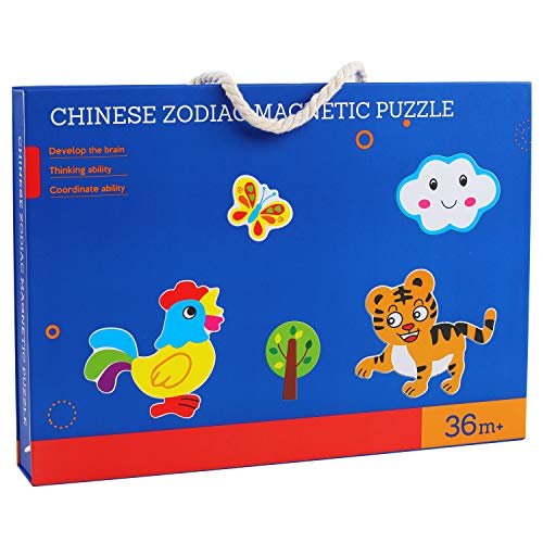 QZM Magnetic Puzzles Art Easel Zodioc Animals Wooden Puzzles Game to Toddlers Drawing Board Jigsaw Puzzle Set- Learning & Educational Game Toy for Kids Age 3+