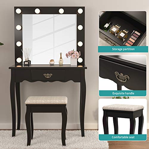 Mecor Vanity Set with Lighted Mirror,Makeup Table with Drawer Wood Dressing Table with Cushioned