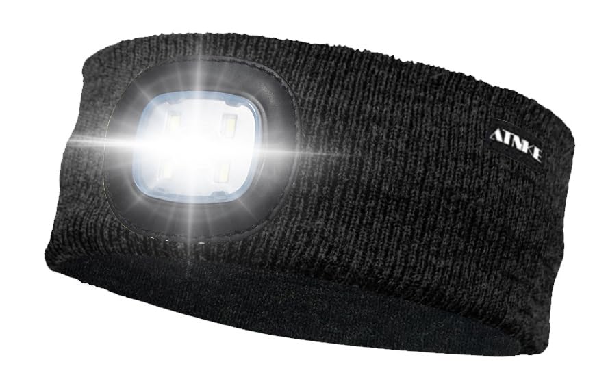 ATNKE LED Lighted Headband, USB Rechargeable Running Hat Ultra Bright 4 LED Waterproof Light Lamp Headlamp High Stretch Moisture Wicking Multi-Color/Dark Grey