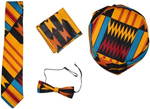 African Inspired Fashions Ethnic Kente Bow Tie Set Handkerchief Kufi Hat
