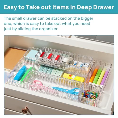 Uniiking® 7 PCS Clear Drawer Organizer Bins, 4-Size Stackable Makeup and Vanity Makeup Organizer Trays, Acrylic Bathroom Drawer Storage Containers for Cosmetic, Office Supply