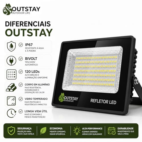 Refletor LED 400W 120 LEDs Branco Frio Bivolt IP67 Alta Potência Para Área Externa OutStay