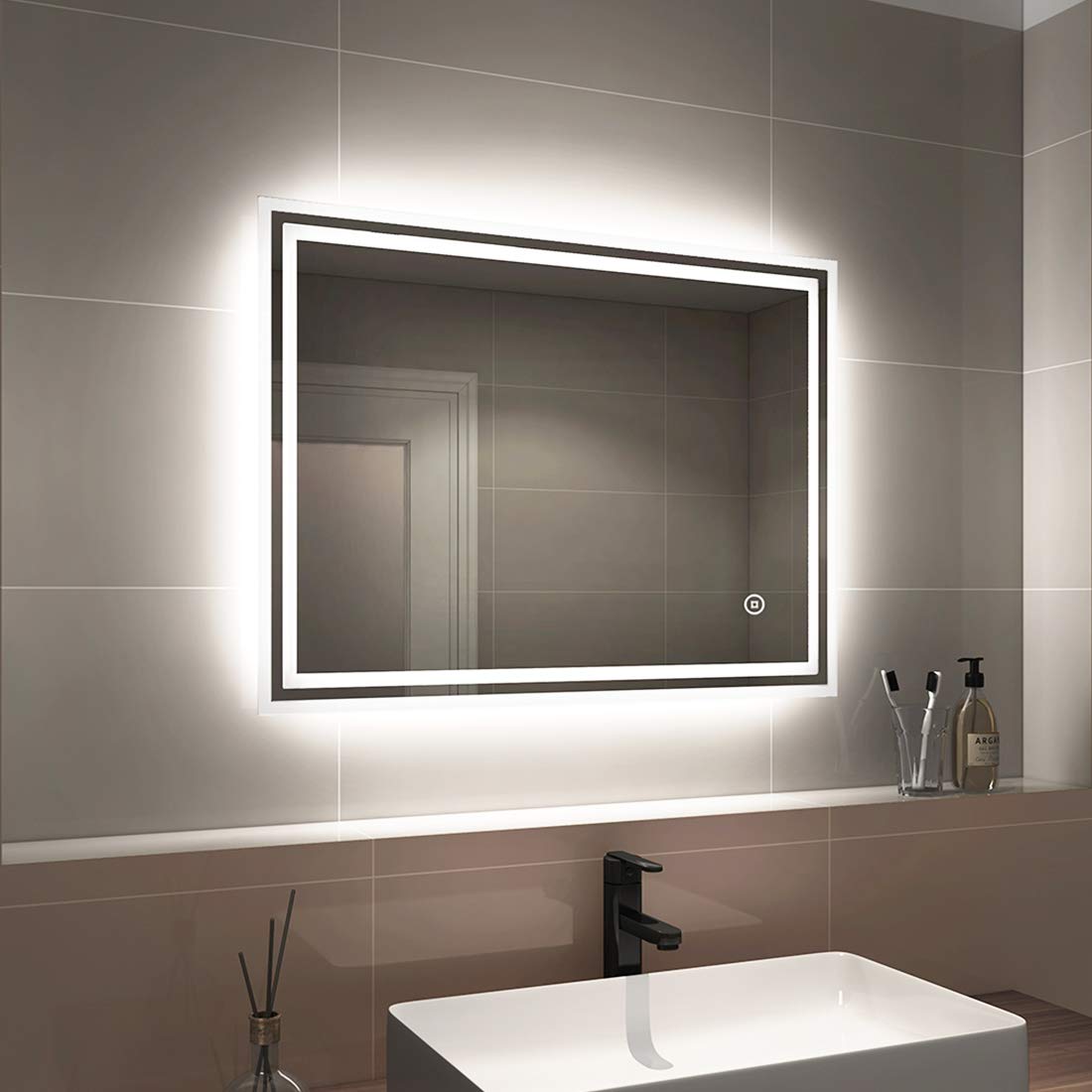 EMKE Illuminated Bathroom Mirror 800 x 600 mm, LED Bathroom Mirror 6500K Cold White Light with Touch Switch + Demister Pad, Frameless Wall Mounted Mirror Horizontal & Vertical
