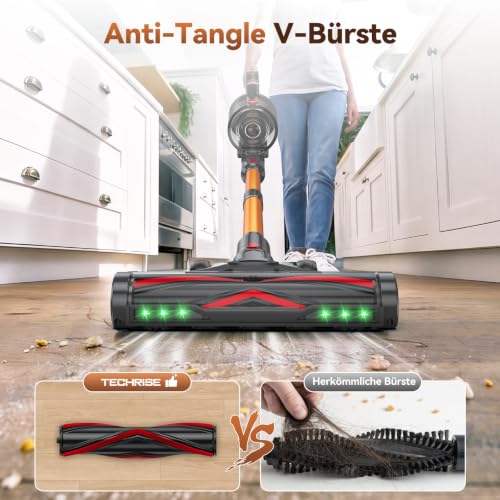 TechRise Akku Staubsauger,55KPa/650W/70Min Staubsauger Kabellos mit Selbststehend Laufzeit,LED-Display,Anti-Tangle-Bürste, 8-in-1-Filter,für Tierhaare,Mehrere Lademethoden,Teppich & Hartböden