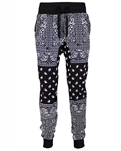 Mens Fleece Bandana Paisley Joggers Drawstring Jogger Pants (L, Black)