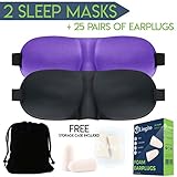Lingito Sleep Mask 2-Pack | Adjustable Black/Purple 3D Contoured Eye Masks for Sleeping, Shift Works, Naps & Night Blindfold Eyeshade for Men and Women | Included 25 Piece Ultra Soft Foam Earplugs