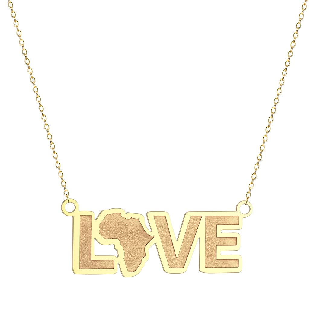 QIAMNI 316L Stainless Steel Men and Women Love Written African Continental Necklace, Love African Necklace, African Continent, Minimalist Jewelry (gold)