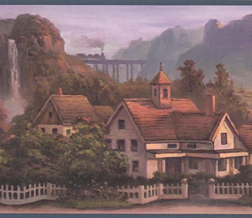 Green Mountain Village Waterfall Train Bridge Vintage Wide Wallpaper Border Retro Design, Roll 15' x 10.25''