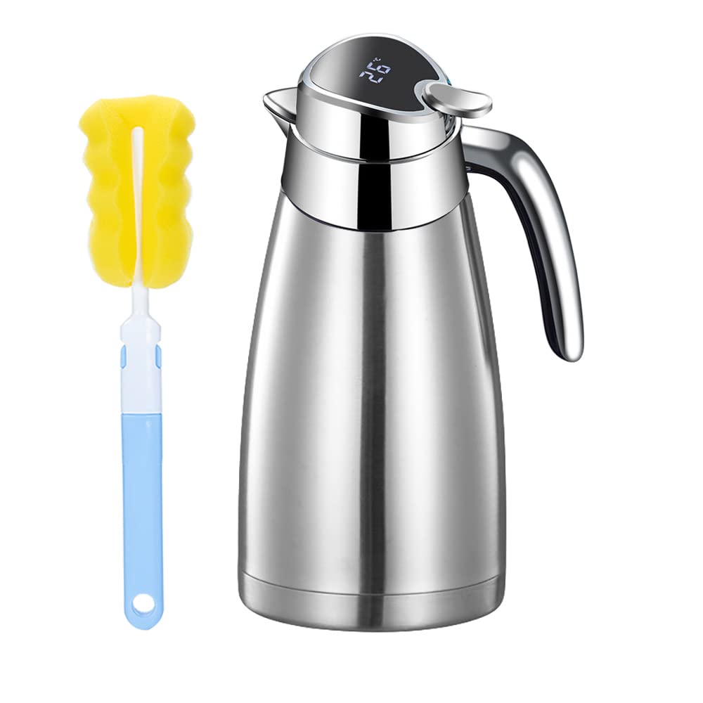 2.3L Thermal Coffee Carafe with Temperature Display 304 Stainless Steel Double Wall Vacuum Carafe Insulated Carafe Flask Tea Carafe Keep Hot 48h & Cold 24h (Silver)