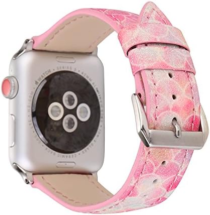 TCSHOW 42mm Glitter Shine Leather Mermaid Style Replacement Apple Watch Band with Silver Metal Adapter Compatible for Apple Watch Series 3/2/1
