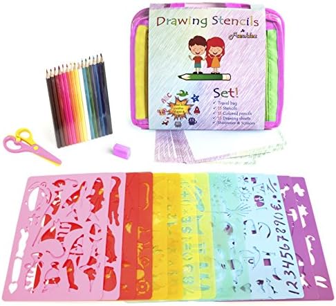 Frecklez Stencil Set | Stencil Kit For Kids | Fabric Travel Bag With Sketch Pad | 300+ Shapes | 15 Stencils | 15 Colored Pencils | Sharpener & Scissors