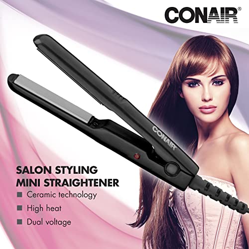 Conair Mini Pro CS80XAC 1/2-Inch Hair Straightener, 56°F (180°C) High Heat, Dual Voltage, 13mm Flat Iron, Black, Travel flat iron