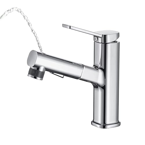 HANPI Bathroom Faucet with Pull Down Sprayer, Chrome Finish, Stainless Steel, Modern Style, Ideal for Bathroom Sink, Hair Washing, Countertop Cleaning, and Pet Bathing