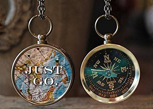 TRAVEL QUOTE: JUST GO. Working Compass Necklace one side and Travel quote on the other side.