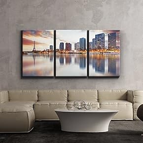 3 Piece Canvas Print - Contemporary Art, Modern Wall Art - Paris Sunset with The Eiffel Tower - Giclee Artwork - Gallery Wrapped Wood Stretcher Bars - Ready to Hang 16"x24"x3 Panels