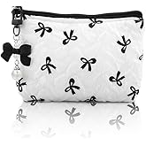 Xiyantiji Cute Makeup Bag for Girls Small Bow Cosmetic Pouch with Zipper Black Bow Pearl Key Chain Aesthetic Portable Travel Toiletry Makeup Organizer Bags for Women Purse Backpack
