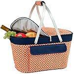 Picnic at Ascot Large Family Size Insulated Folding Collapsible  Picnic Basket Cooler with Sewn in Frame- Orange/Navy