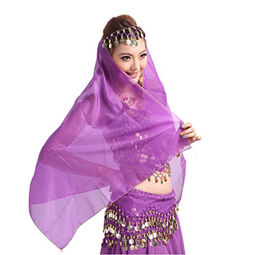 Pilot-trade Women Headband Belly Dance Face Veil Dancing Headpiece Chiffon Coins Head Scarf Shawl Purple