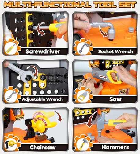 Lehoo Castle Kids Workbench, Tool Kit with Drill and Removable Construction Vehicle, 2in1 Toolbox and Tool Bench, STEM Educational Toys for 2-3 Years Old Kids
