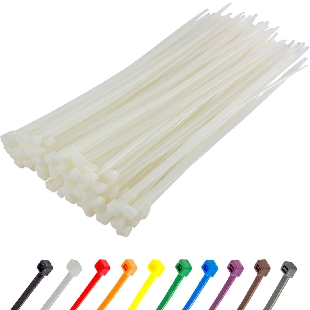 Gocableties Heavy Duty Long White Cable Ties, 300mm x 7.6mm, Pack of 100, 12" Nylon Zip Ties Clear/Natural, Plastic Tie Wraps, Secure Self-Locking Mechanism, for Home, Garden, Office and DIY