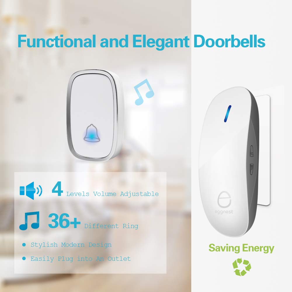 Wireless Doorbell Door Chime Kit Portable Waterproof Push Button over 900ft Long Range 4-Level Volume & Blue Light 36 Melodies to Choose 1 Transmitters 1 Receivers-White